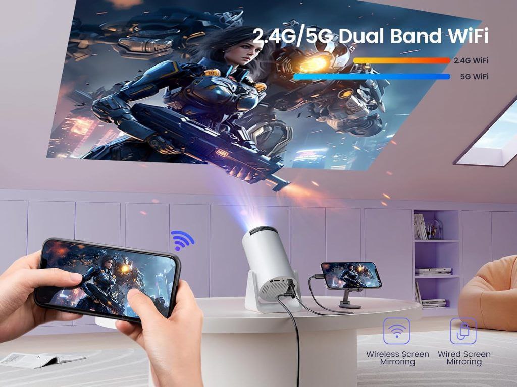 Andriod 5G Wifi Projector Home 4K Support With 4000Lm,1080P Smartphone Full Hd Portable Builtin Youtube Other Apps Auto Keystone 200″ Screen Compatible 4K Tv Stick (M9),White