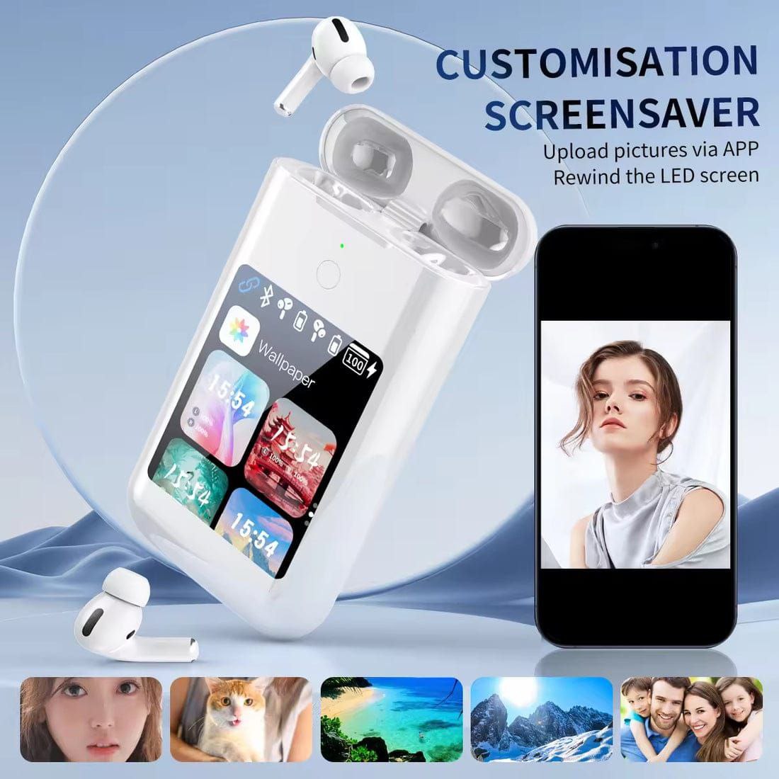 TF20 Pro âCarrying Treasureâ Wireless Earbuds with 2.8âł LED Display Charging Case â Custom Wallpaper, Power Bank & Bluetooth 5.3